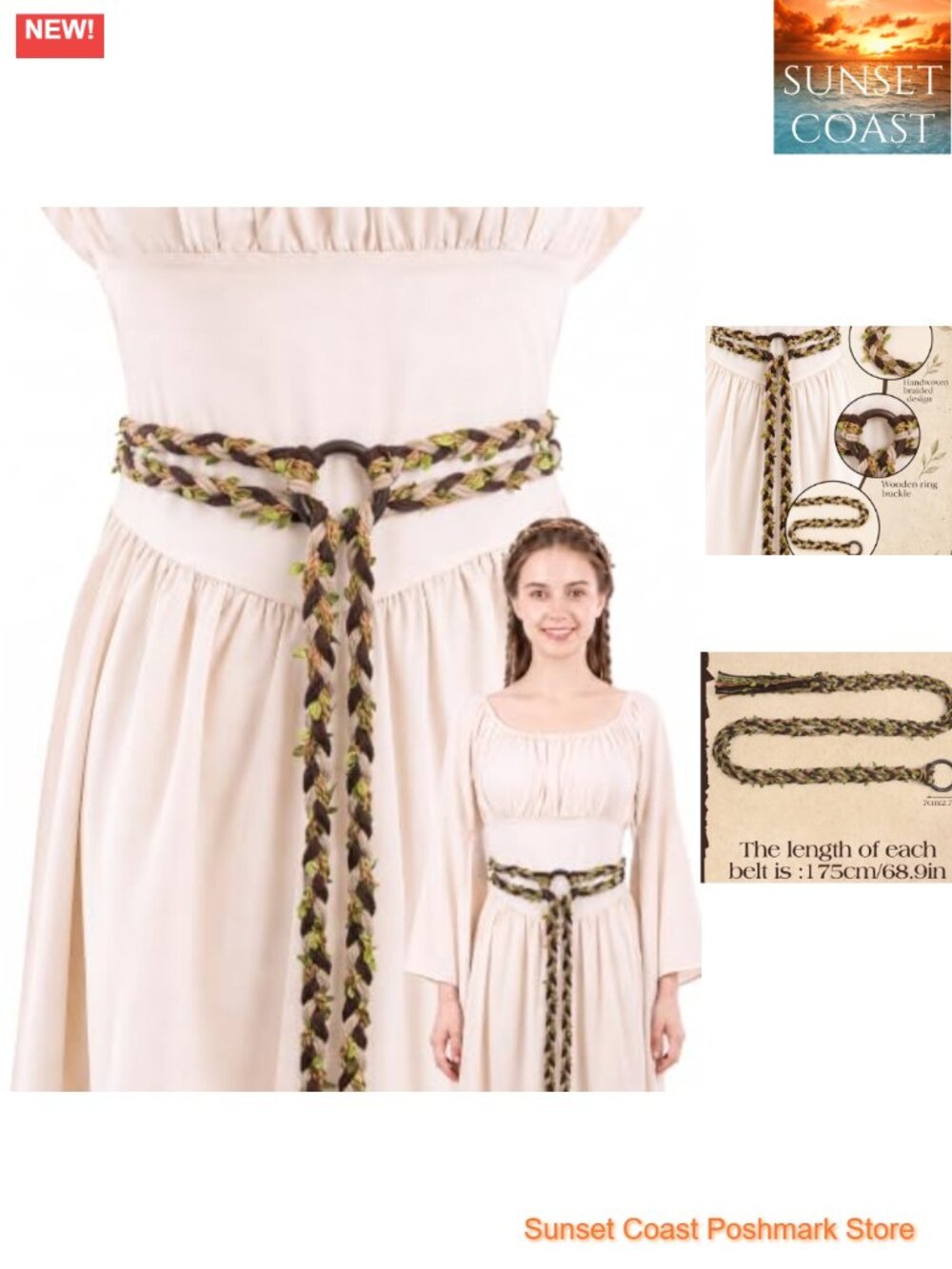 Renaissance Braided Cotton Rope Belt Wooden Ring Medieval Costume